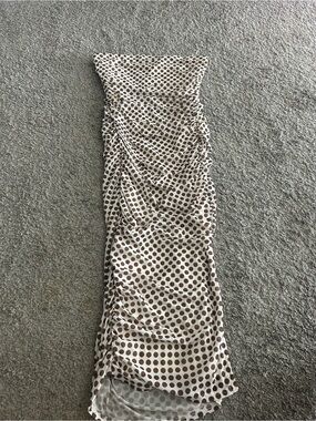 Strapless White Maxi Dress with Brown Polka Dots